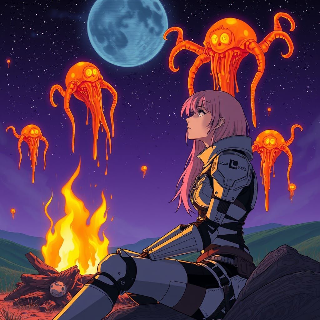 Cyberpunk Girl Under Starry Night Sky