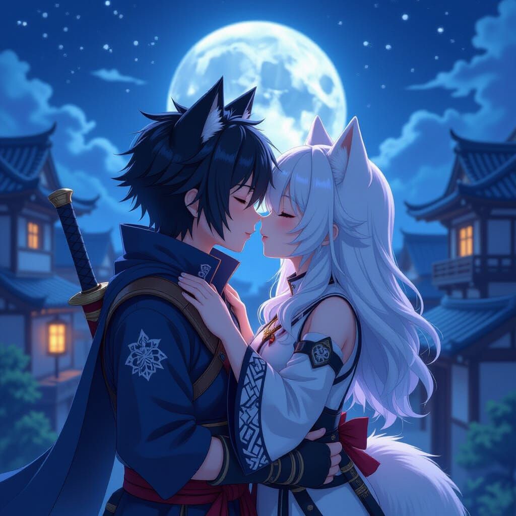 Anime Ninja Couple Kissing Under Moonlight