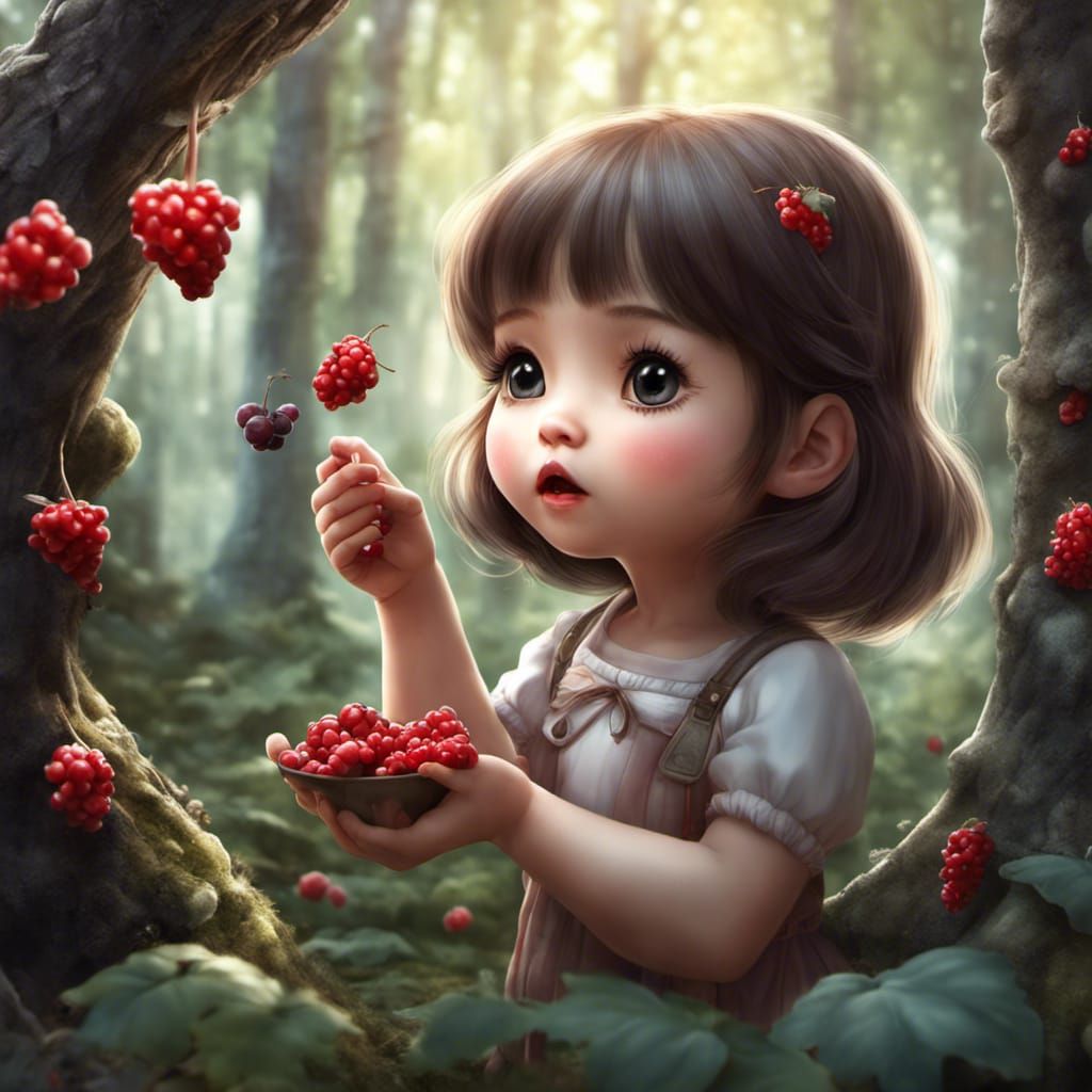 Chibi Girl Picking Berries in Magical Forest