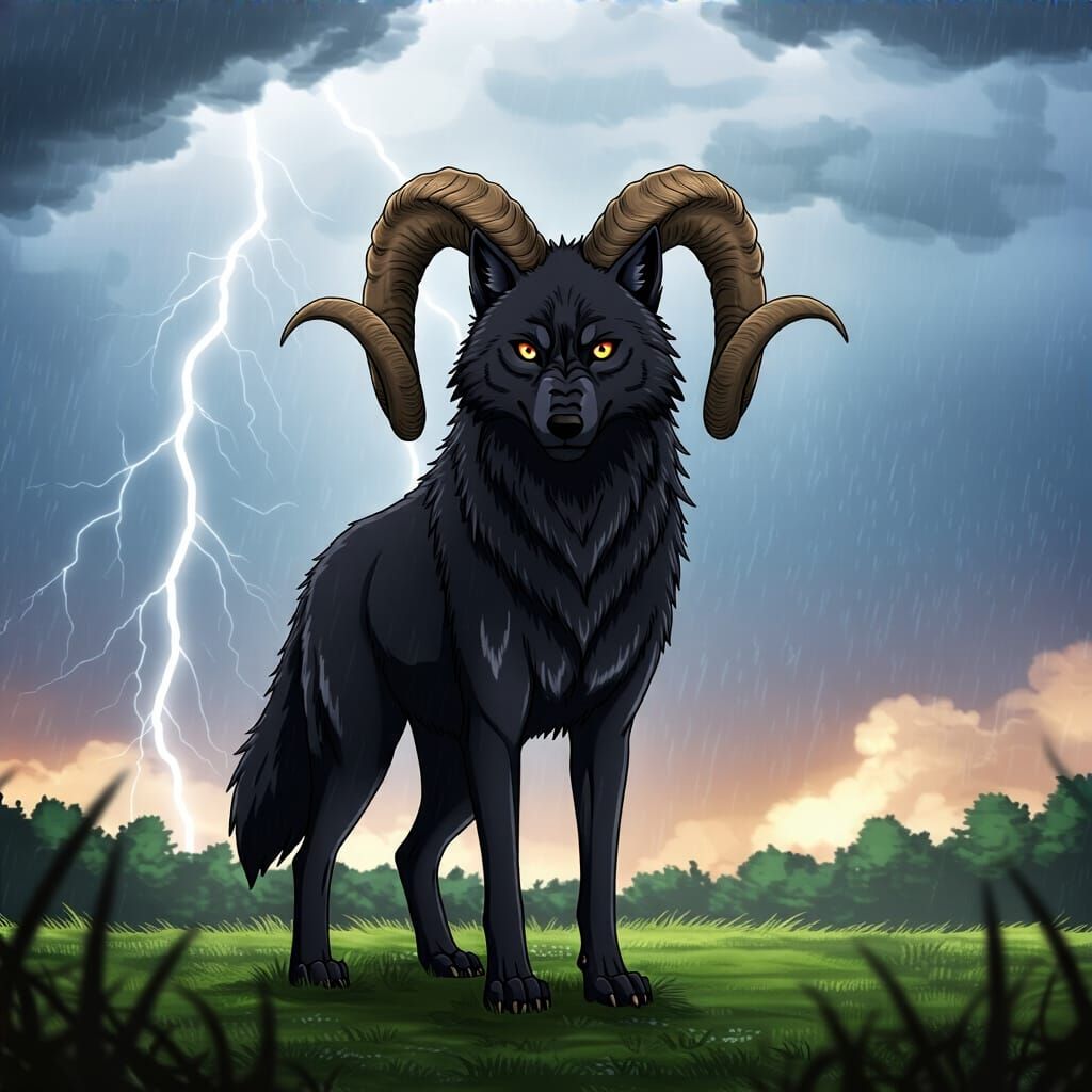 Black Wolf with Ram Horns in Anime Style