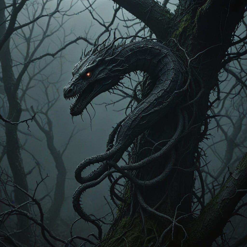 Dark Fantasy Serpent Entwined in Thorns