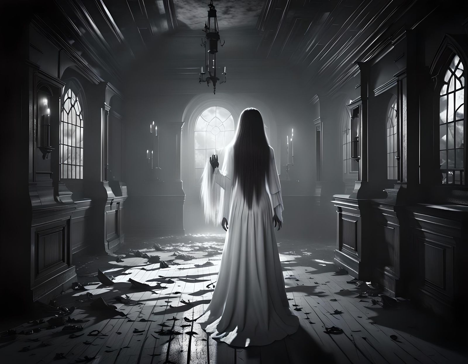 Eerie Woman in White Dress: Haunted House Horror