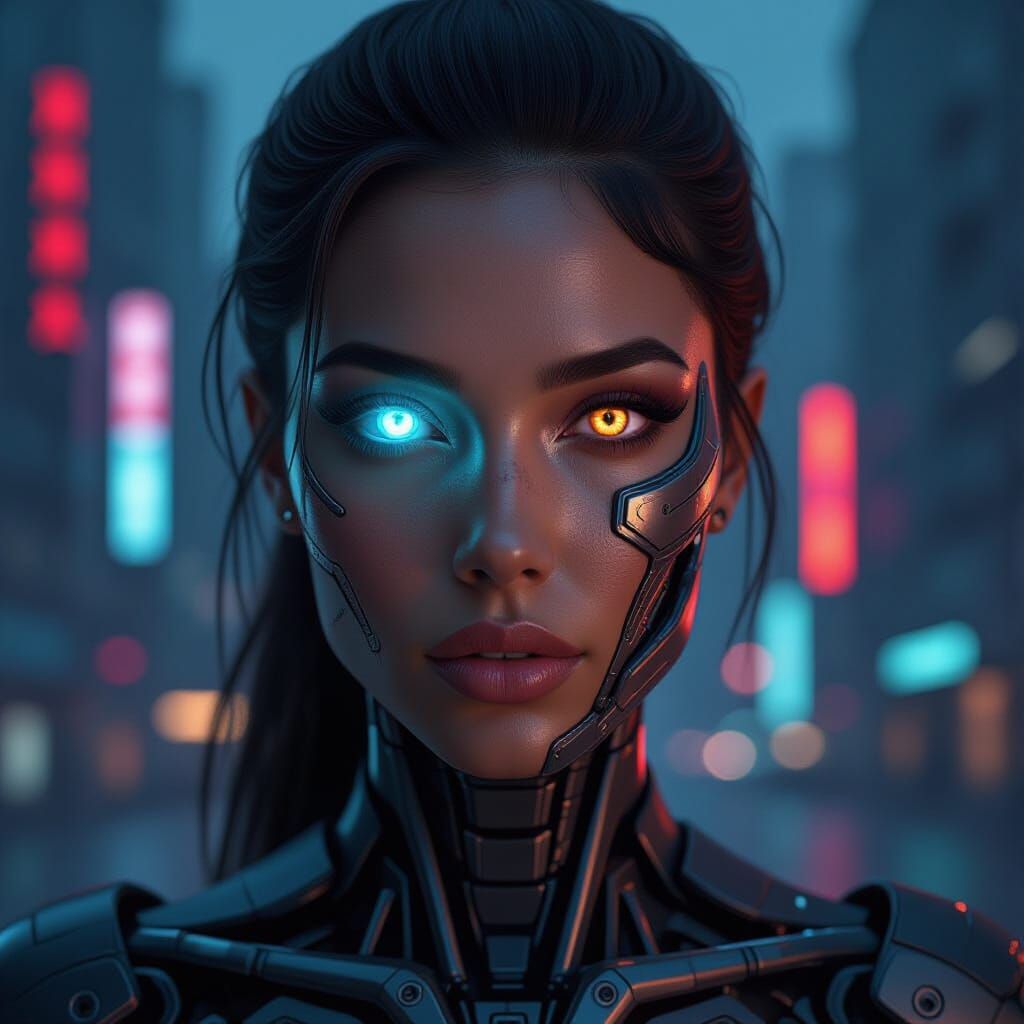 Half Human Half Cyborg Portrait with Glowing Eye