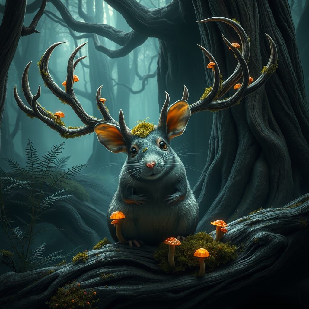 Hyperrealistic Mouse with Ancient Forest Antlers