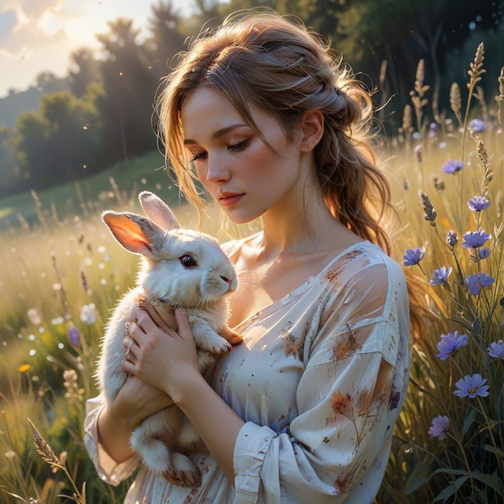 Cute Woman Poses With Rabbit in Sunlit Meadow