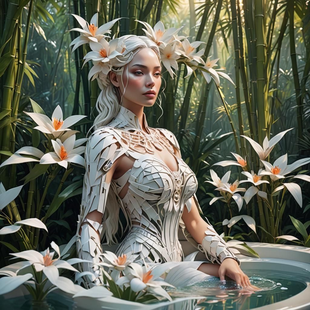 Zen Biomechanical Woman in Bamboo Forest