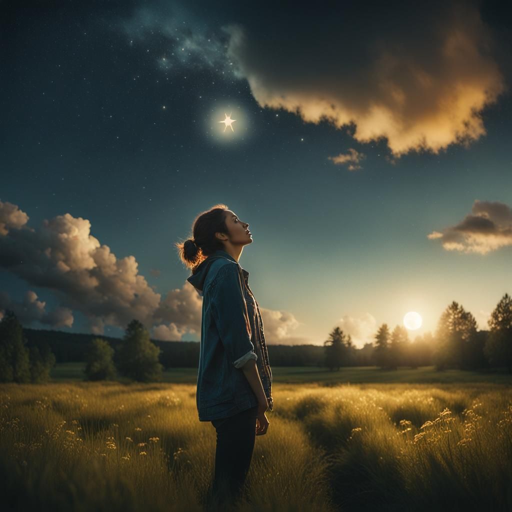 Woman Gazing at Starry Sky: Cinematic Film Still