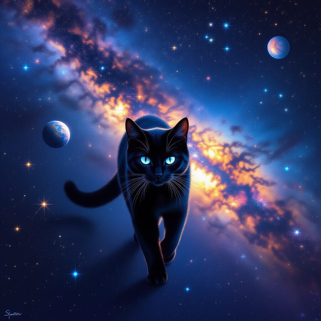 Black Cat Walks Milky Way Among Stars and Planets
