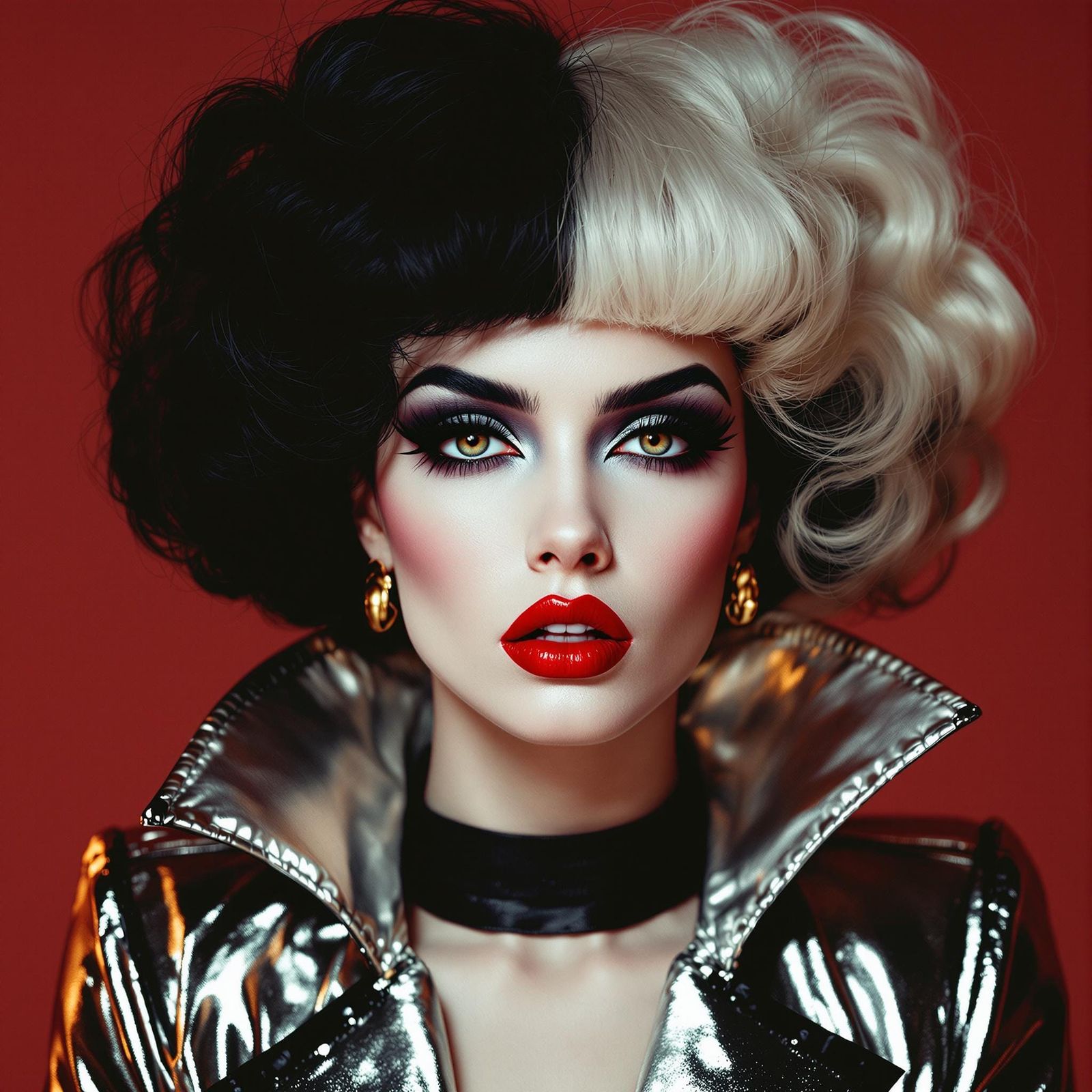 High-Fashion Portrait in Dramatic 1980s Style with Bold Make...
