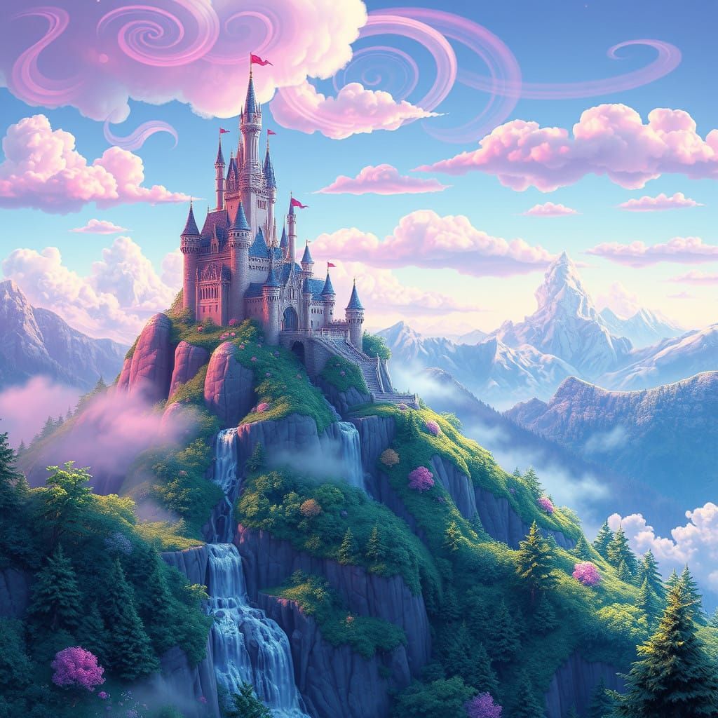 Whimsical Candy Castle Perched on Lavender Mountain