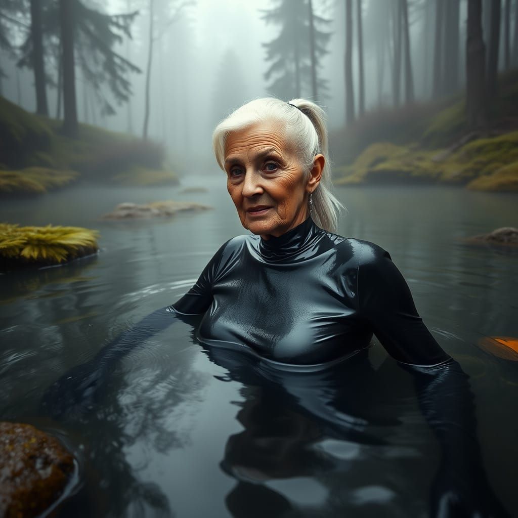 Elderly Woman in PVC Bodysuit Swimming in Pond
