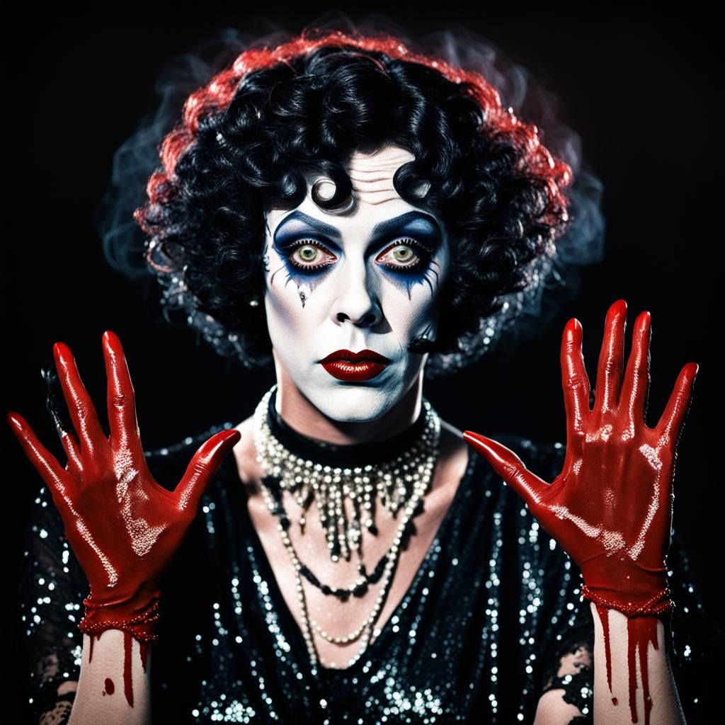 rocky horror picture show tim curry Dr Frank-N-Furter as a 1920s flapper blood covered hands