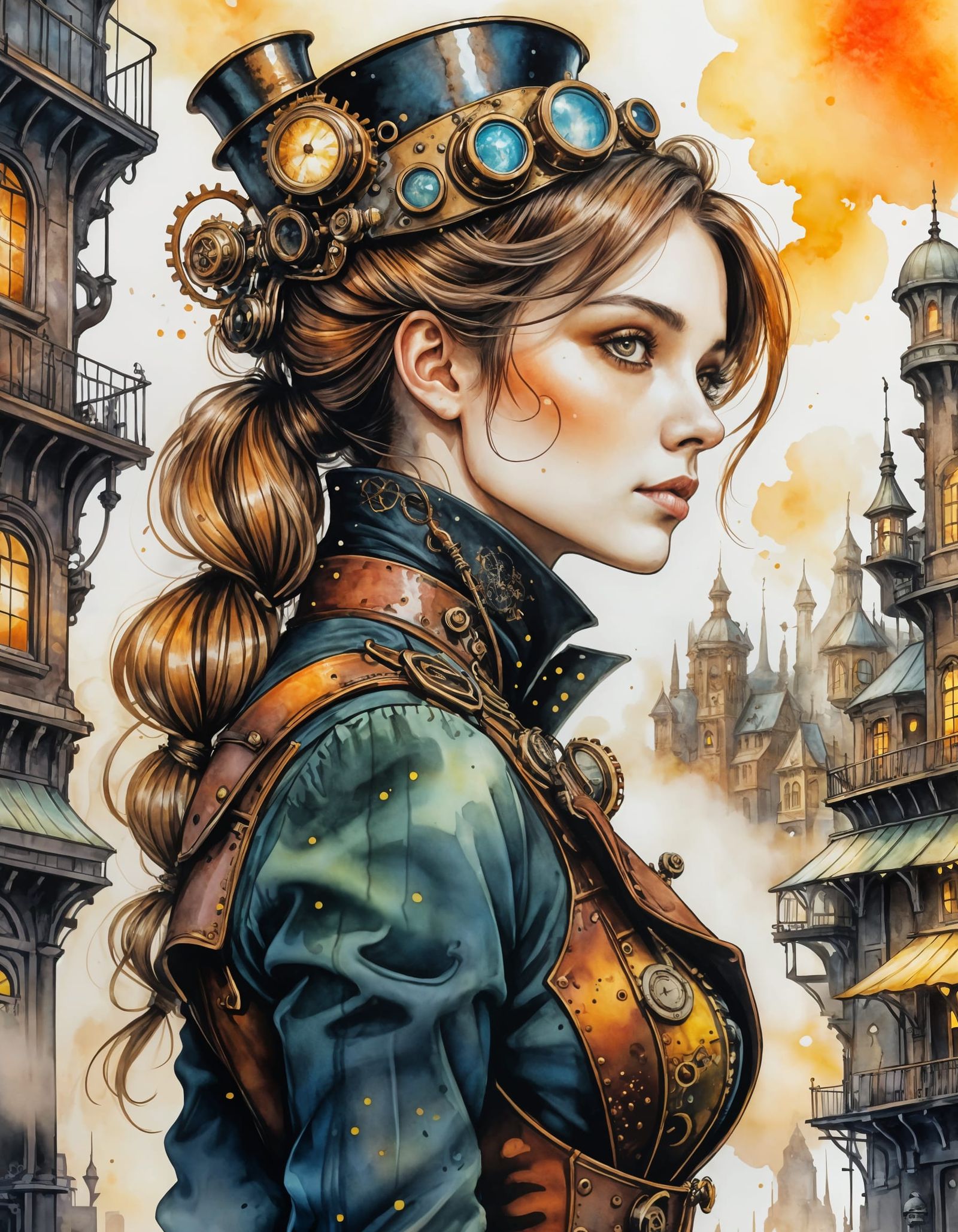 Steampunk Lady in City: Watercolor Illustration