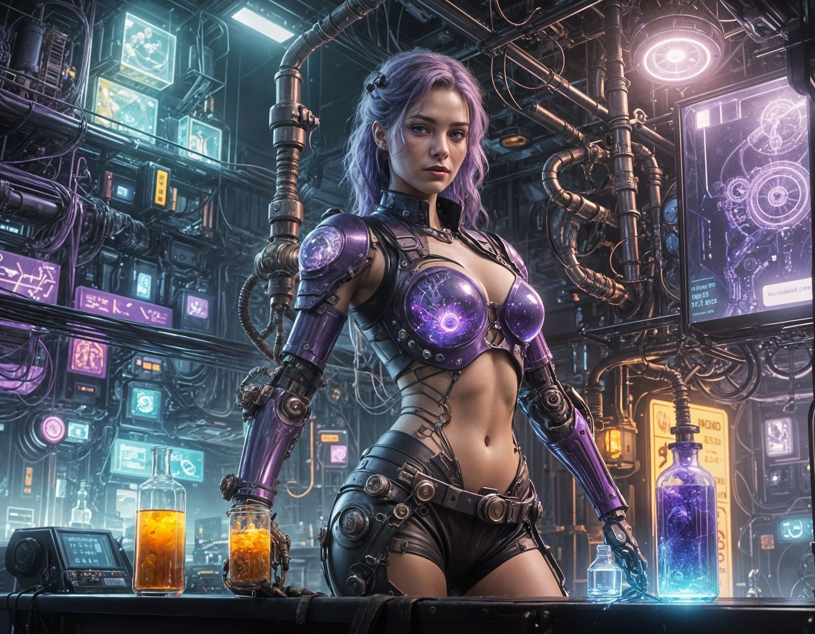 Steampunk Cyberpunk Female Scientist with Prosthetic Arm and...