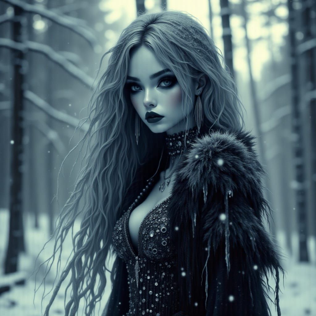 Ethereal Gothic Frost Queen in Snowy Forest
