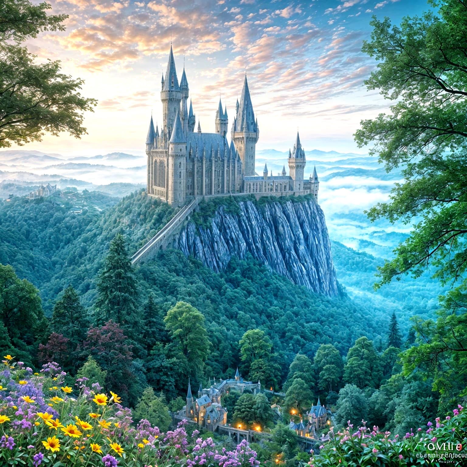 Ethereal Hogwarts Castle in Thomas Kinkade Style