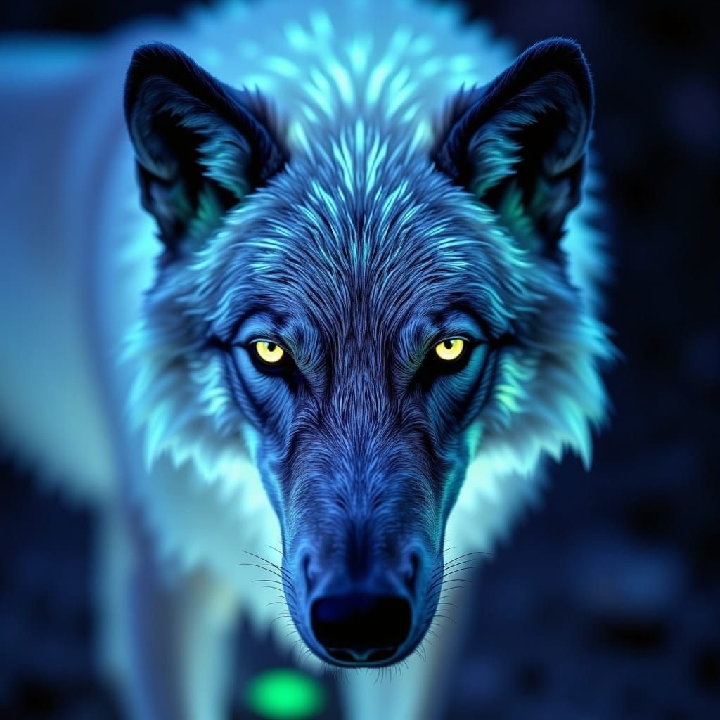 Gleaming Silver Wolf Head with Bioluminescent Glow