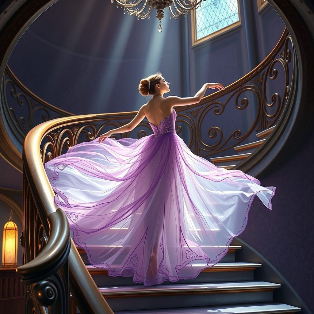 Ballerina Ascending Spiral Staircase in Art Nouveau Style