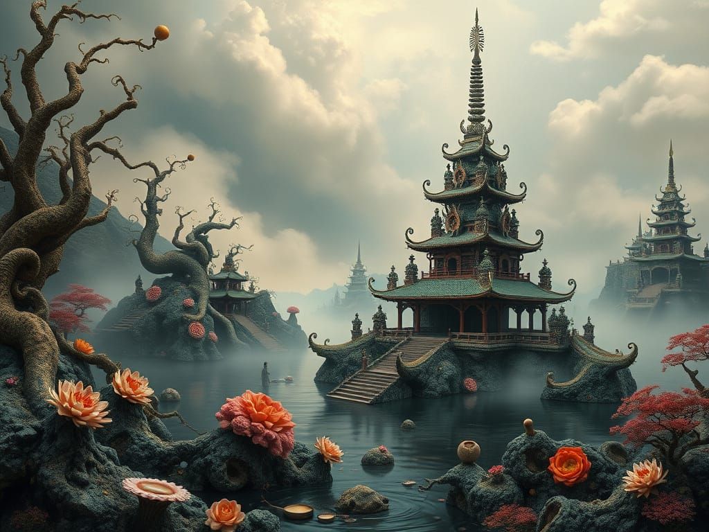 Surreal Japanese Temple Landscape Painting