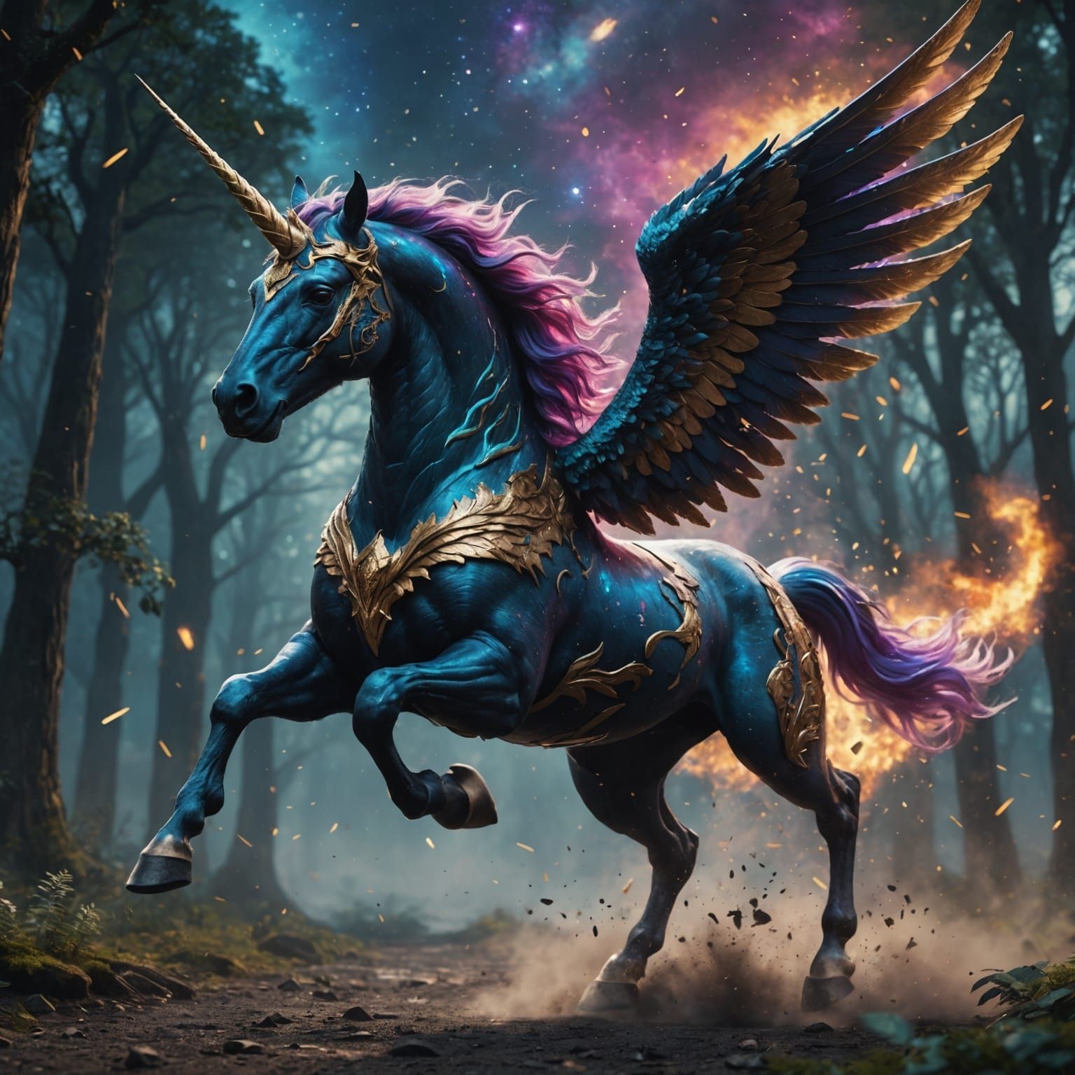 Winged Galaxy Unicorn Running in Detailed Style