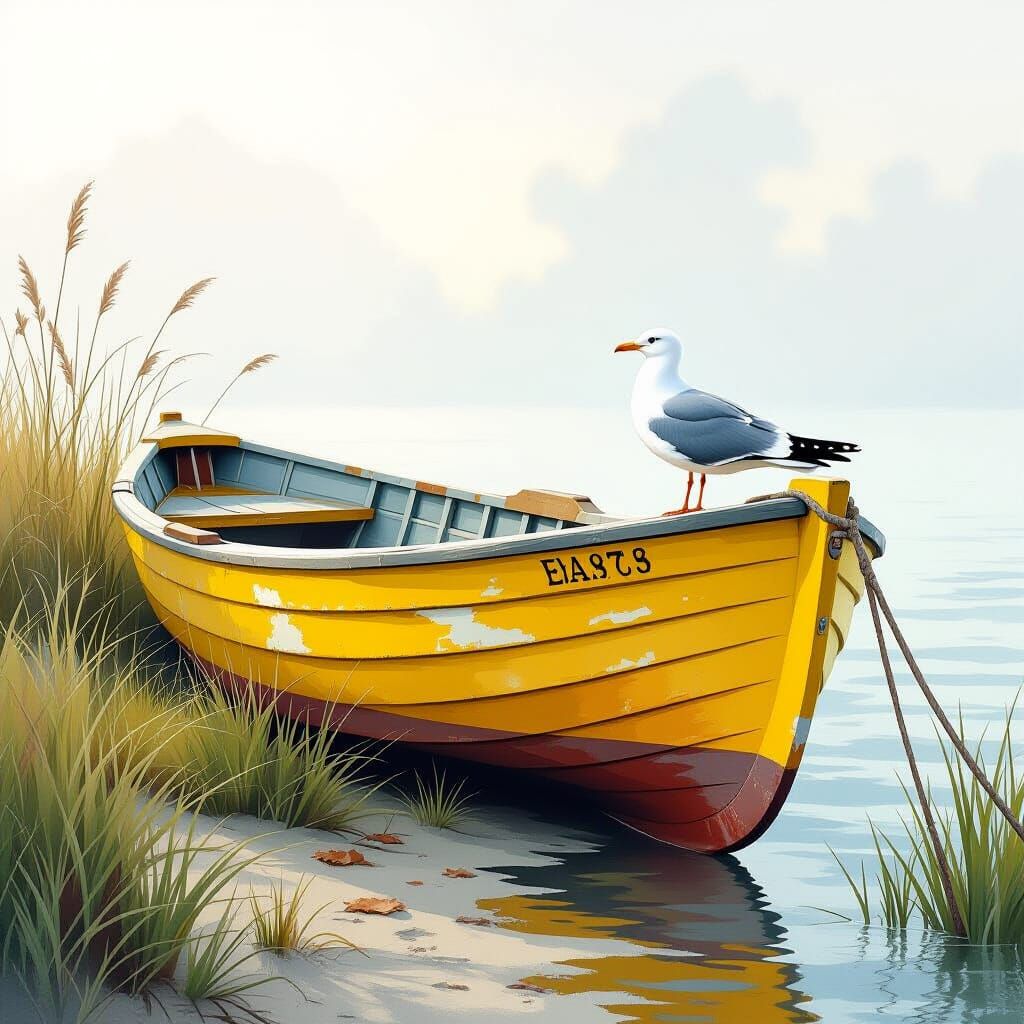 Seagull on Boat in Ethereal Watercolor Landscape