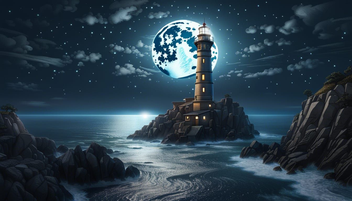 Spectacular Lighthouse Under Moonlight in Fantasy Style