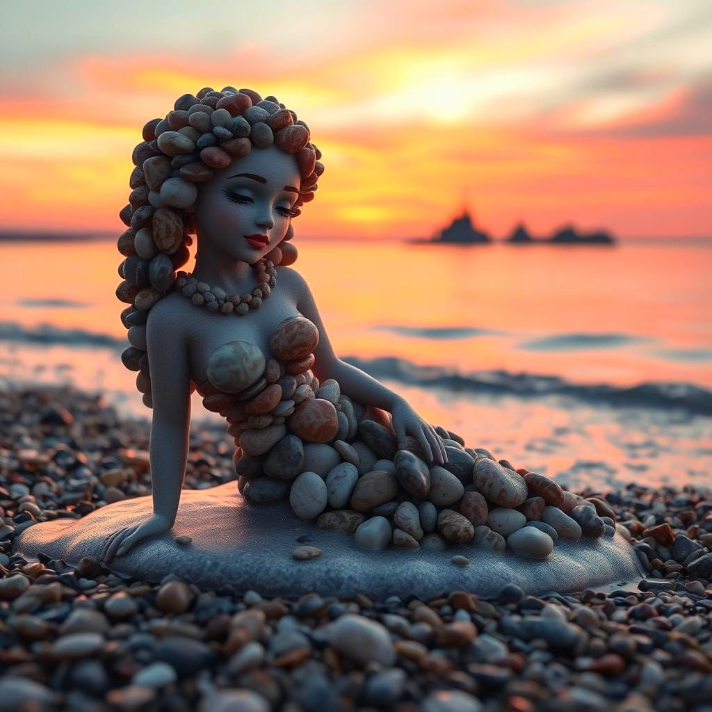 Stone Mermaid on Sunset Beach in Hyperrealistic Style