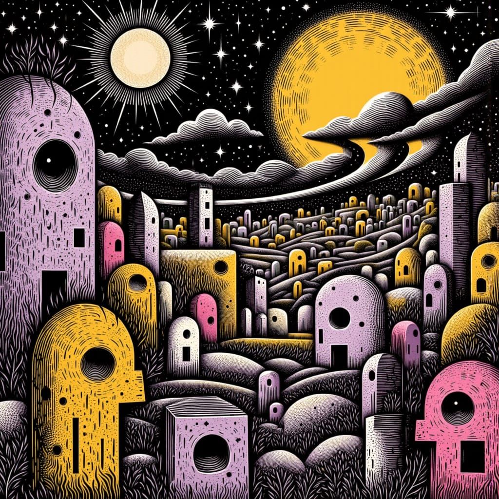 Dreamlike Cityscape in Art Brut Style