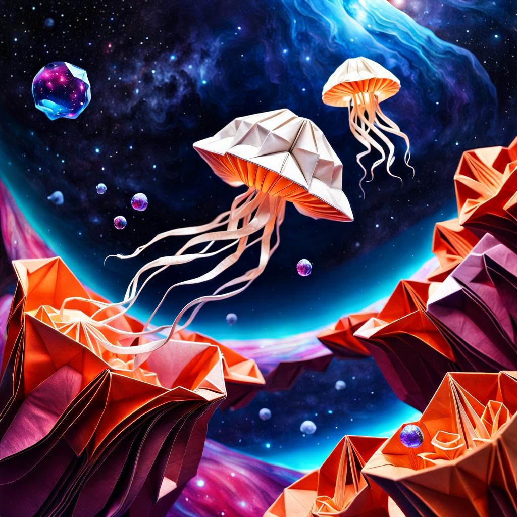 Origami Space Jellyfish Floating Near Origami Planet