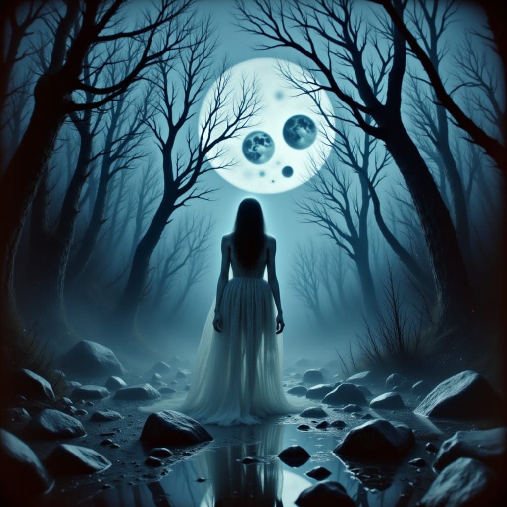 Spectral Girl in Petrified Forest Under Fractured Moons