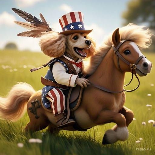 Joyful CGI Poodle Rides Tri-Corner Hat Pony in Sunny Meadow