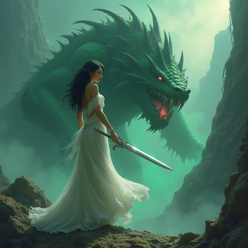 Dark Fantasy Maiden Stands Ready to Strike Behemoth on Misty...