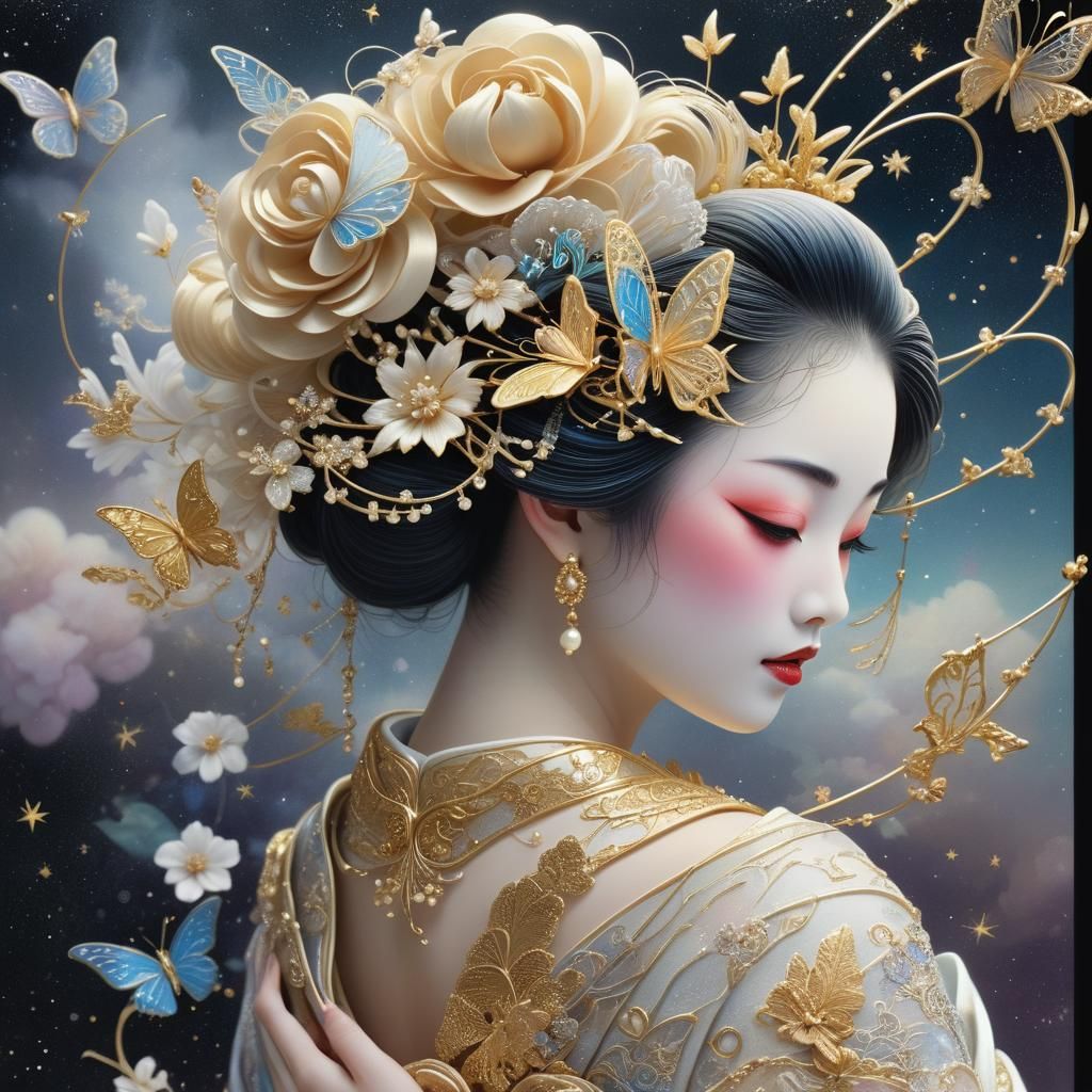 Geisha Hairpin with Astral Mist, Hyperdetailed Illustration
