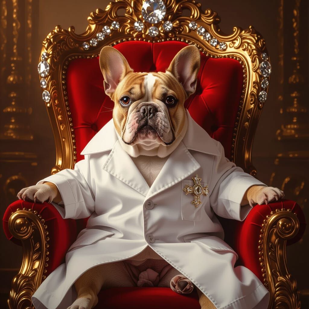 Red French Bulldog in Medical Coat on Diamond Throne