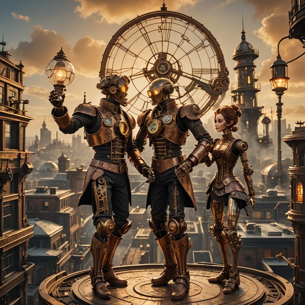 Steampunk Automatons Waltz on Rooftop City