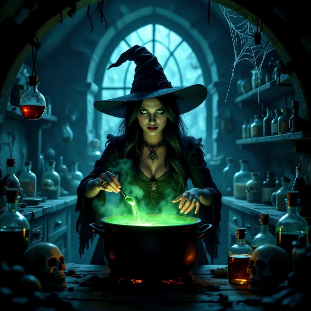 Witch in Alchemy Lab with Glowing Potion and Creepy Decor