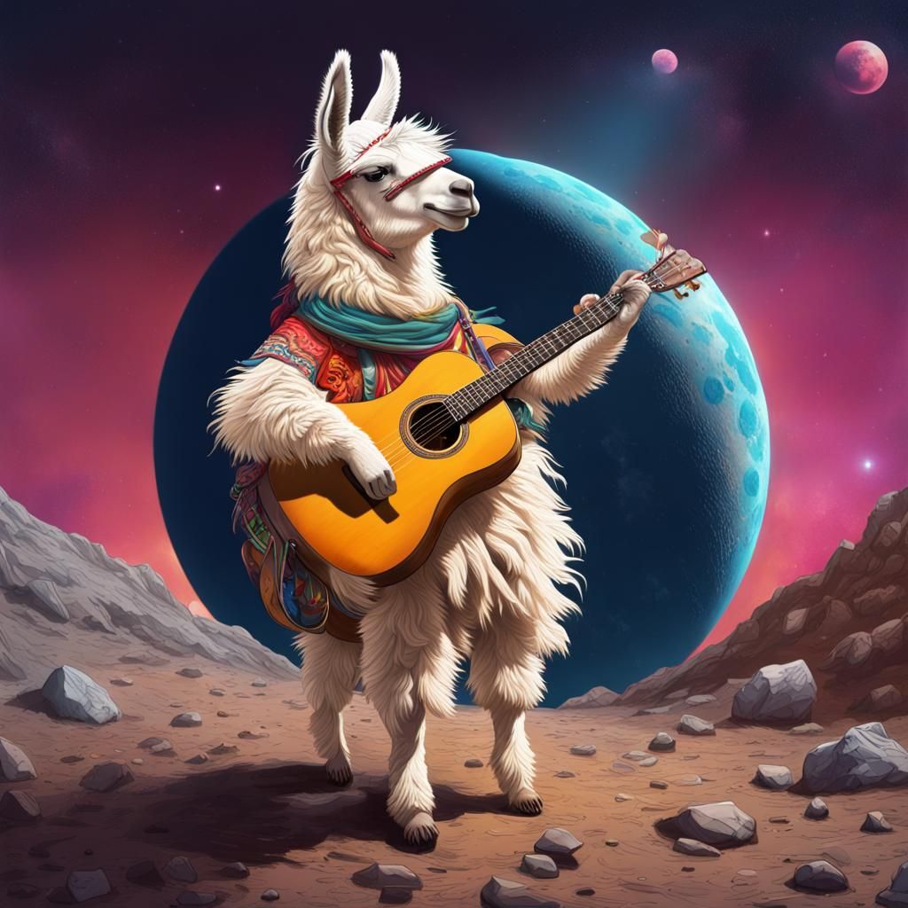 Llama Guitar Serenade on the Moon: Hyperrealistic Splash Art