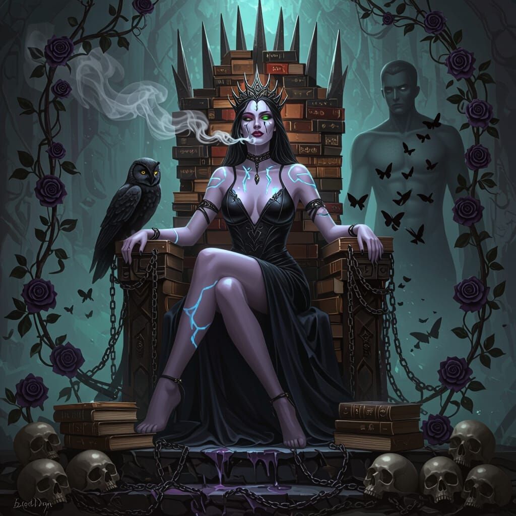 Irene on Altar of Charred Books: Fantasy Art