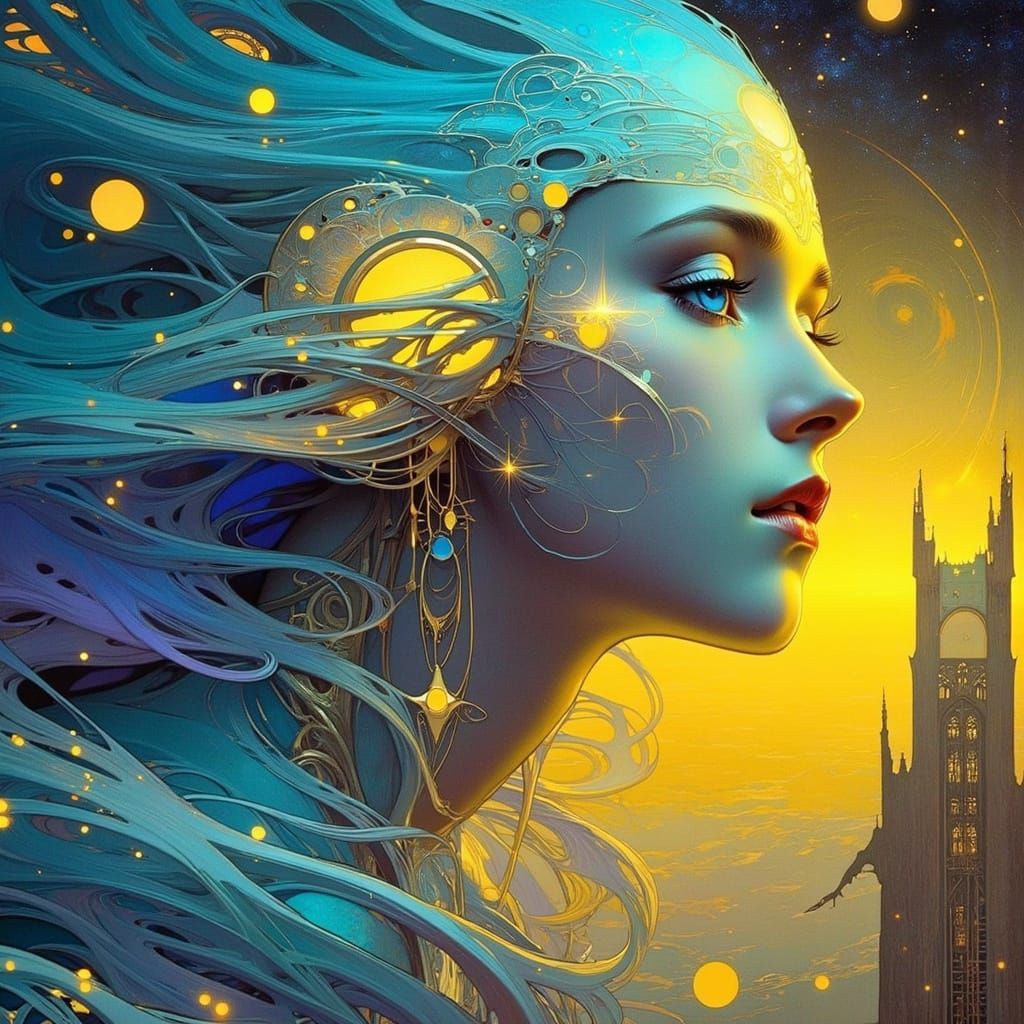 Ethereal Figure in Dreamy Art Nouveau Landscape