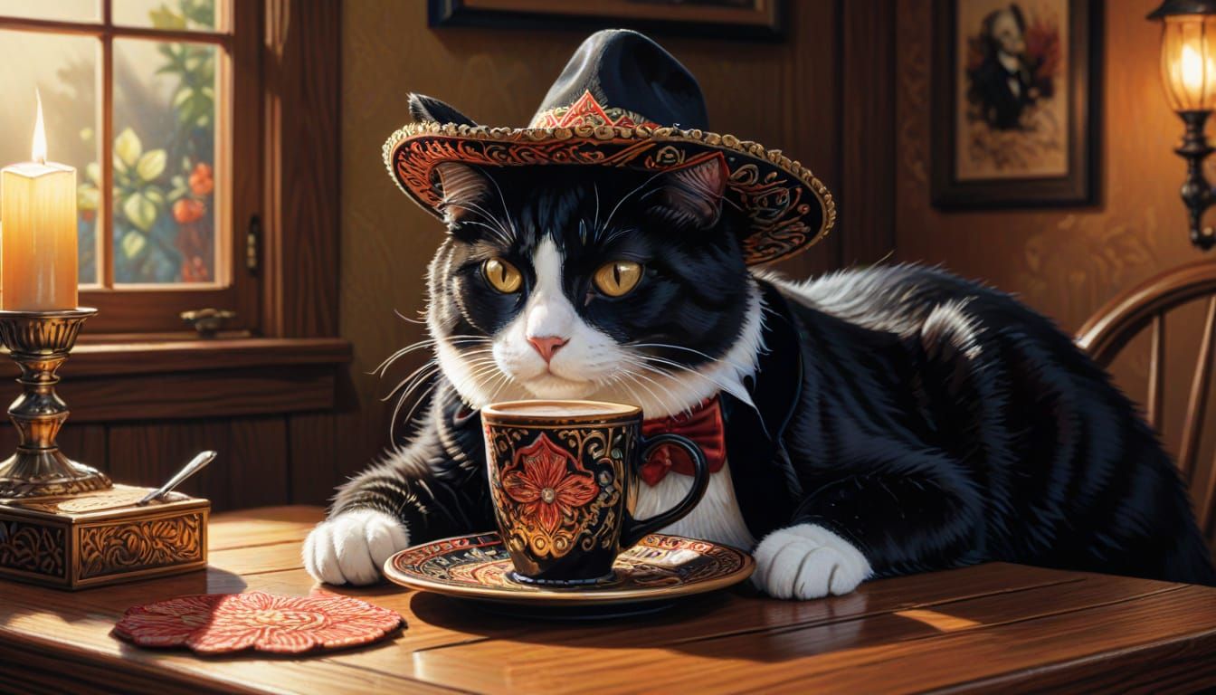 Tuxedo Cat Sipping Espresso in Comic Book Art