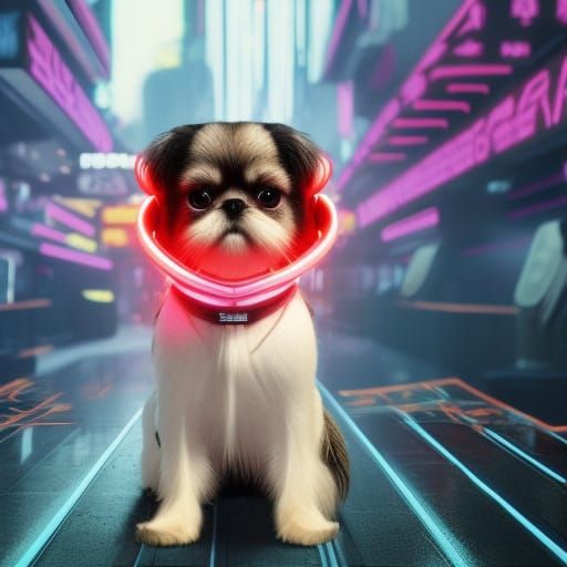 Cyberpunk Shih Tzu in Neon Cityscape