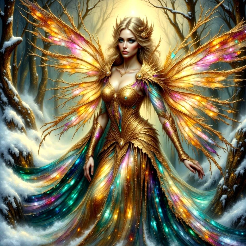 Fairy Queen in Winter Snow, Impasto Oil Painting