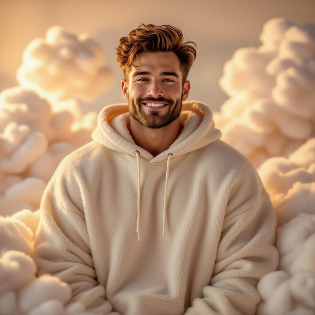 Masculine Man in Cozy Hoodie Amidst Fluffy Textures