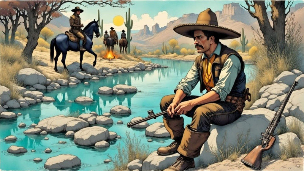 Rustic Wild West Scene in Vibrant Watercolor Comic Book Styl...