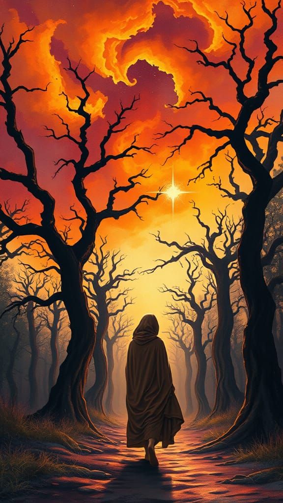 Surreal Woman Walks Through a Vibrant, Twisted Forest in War...