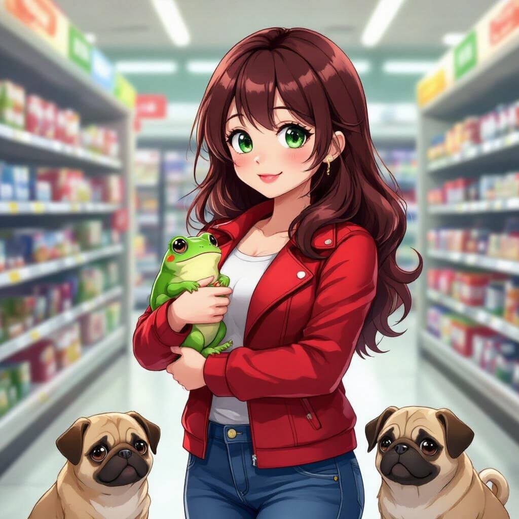 Anime Woman with Frog and Puppy in Supermarket