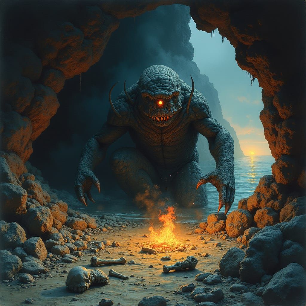 Glowing Cyclops in Dark Cave Amidst Seaside Ruins