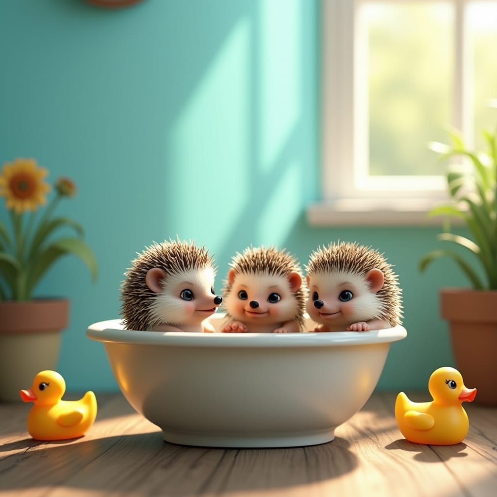 Vibrant 3D Digital Art of Baby Hedgehogs in a Whimsical Bath...