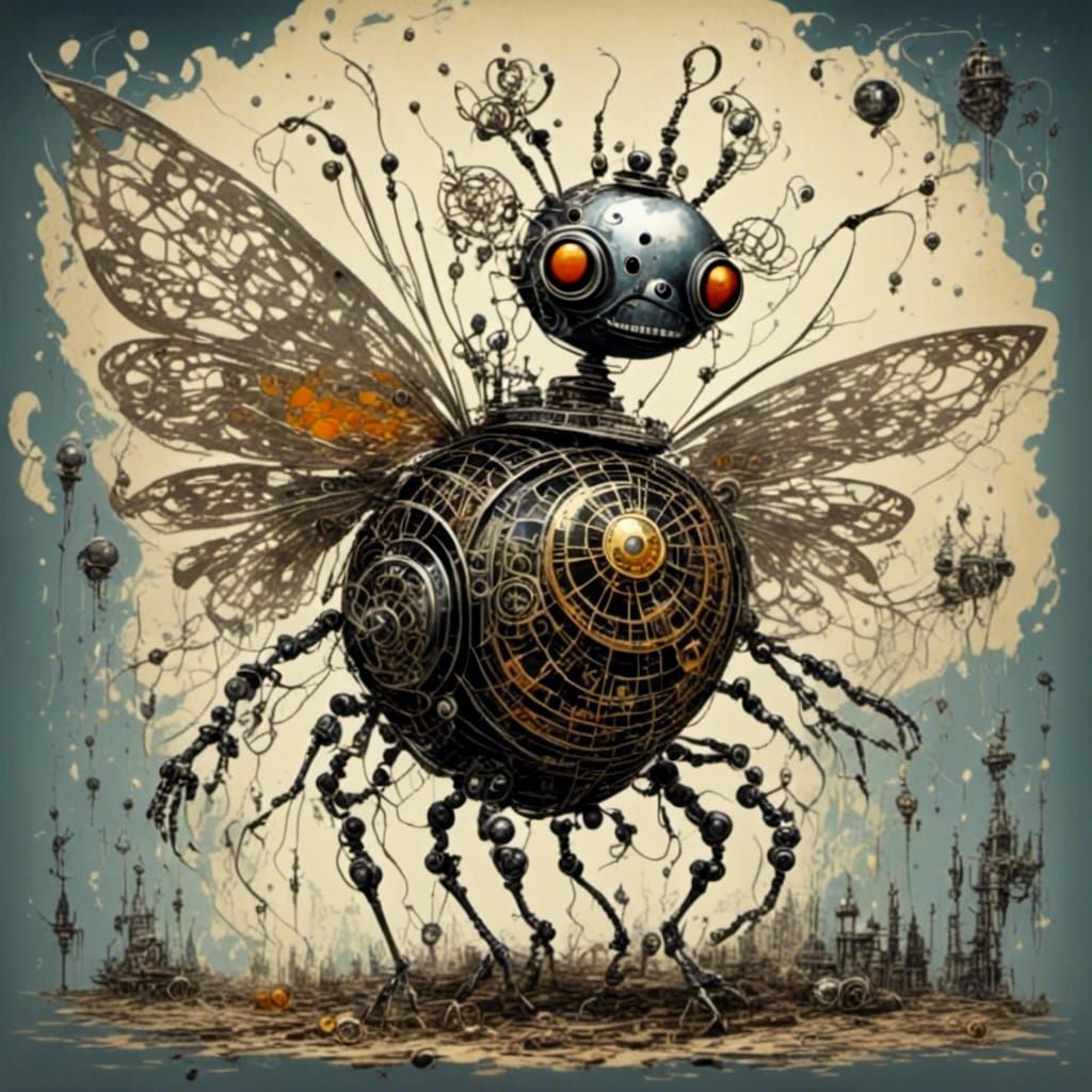 Steampunk Robot Fairy Flying in Junkyard