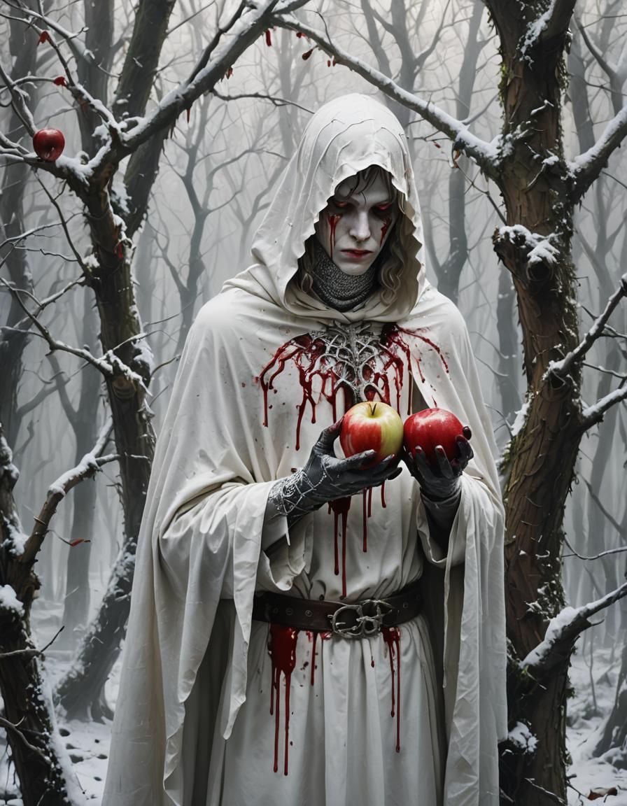 Eerie Wax Apple with Blood in Winter Forest